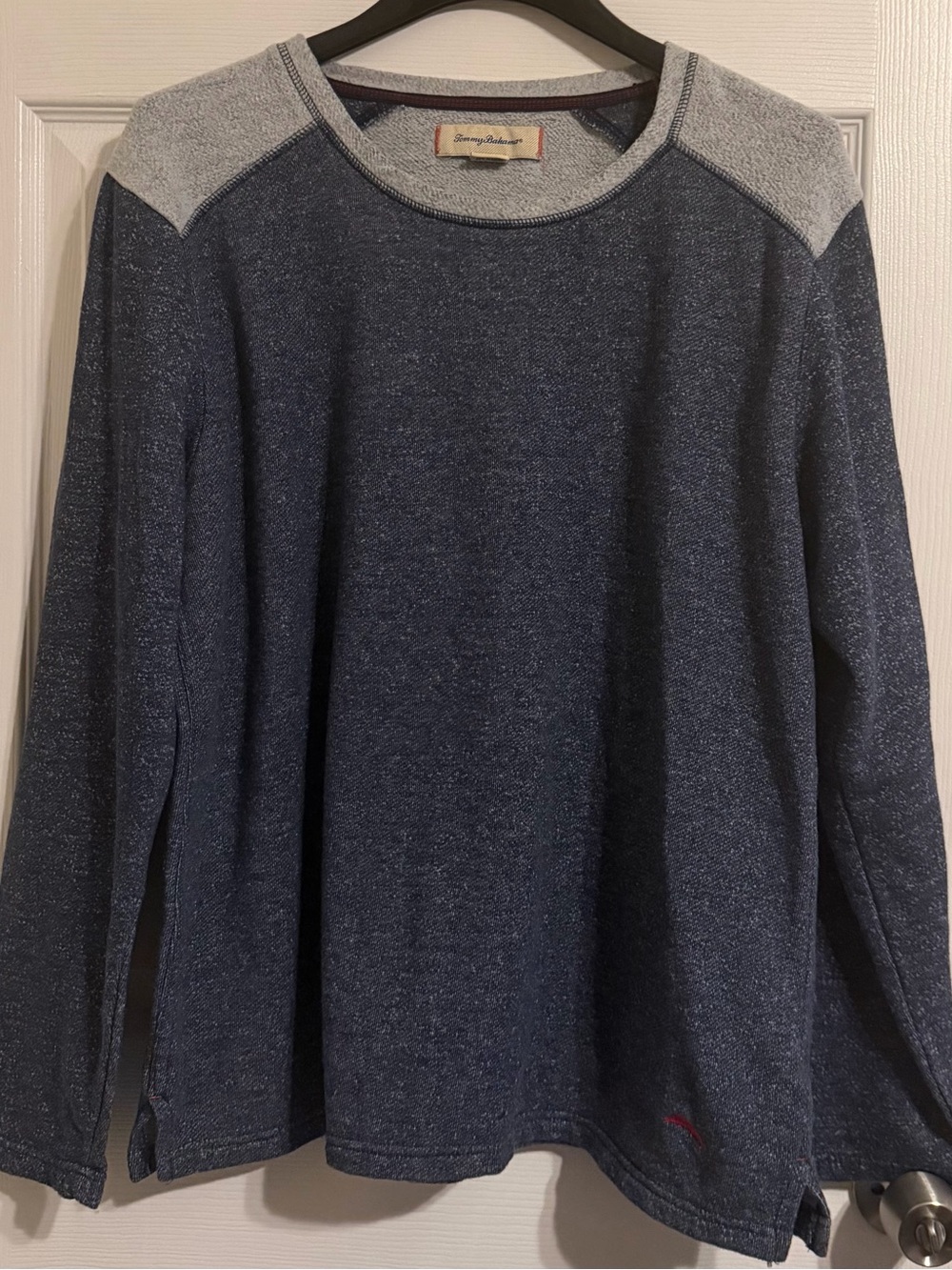 Tommy Bahama Navy Crewneck Sweater with Light Gray Shoulder Panels